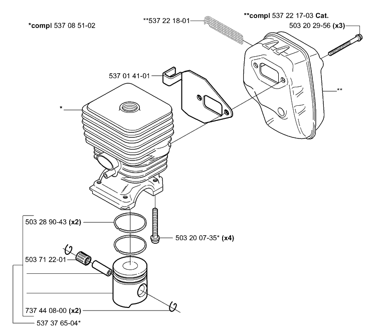 Piston / Cylinder / Muffler Diagram and Parts List for 326C 2006-04 Husqvarna Trimmer