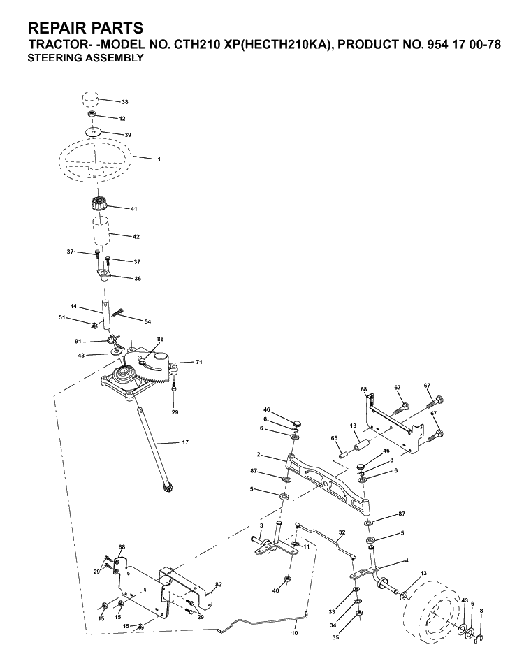 Steering Diagram and Parts List for CTH210XP (HECTH210KA)(2003-01) Husqvarna Lawn Tractor