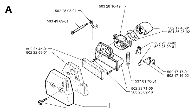 Carburetor And Air Filter Diagram and Parts List for 252RX 19991400001-20011800000 Husqvarna Brush Cutter