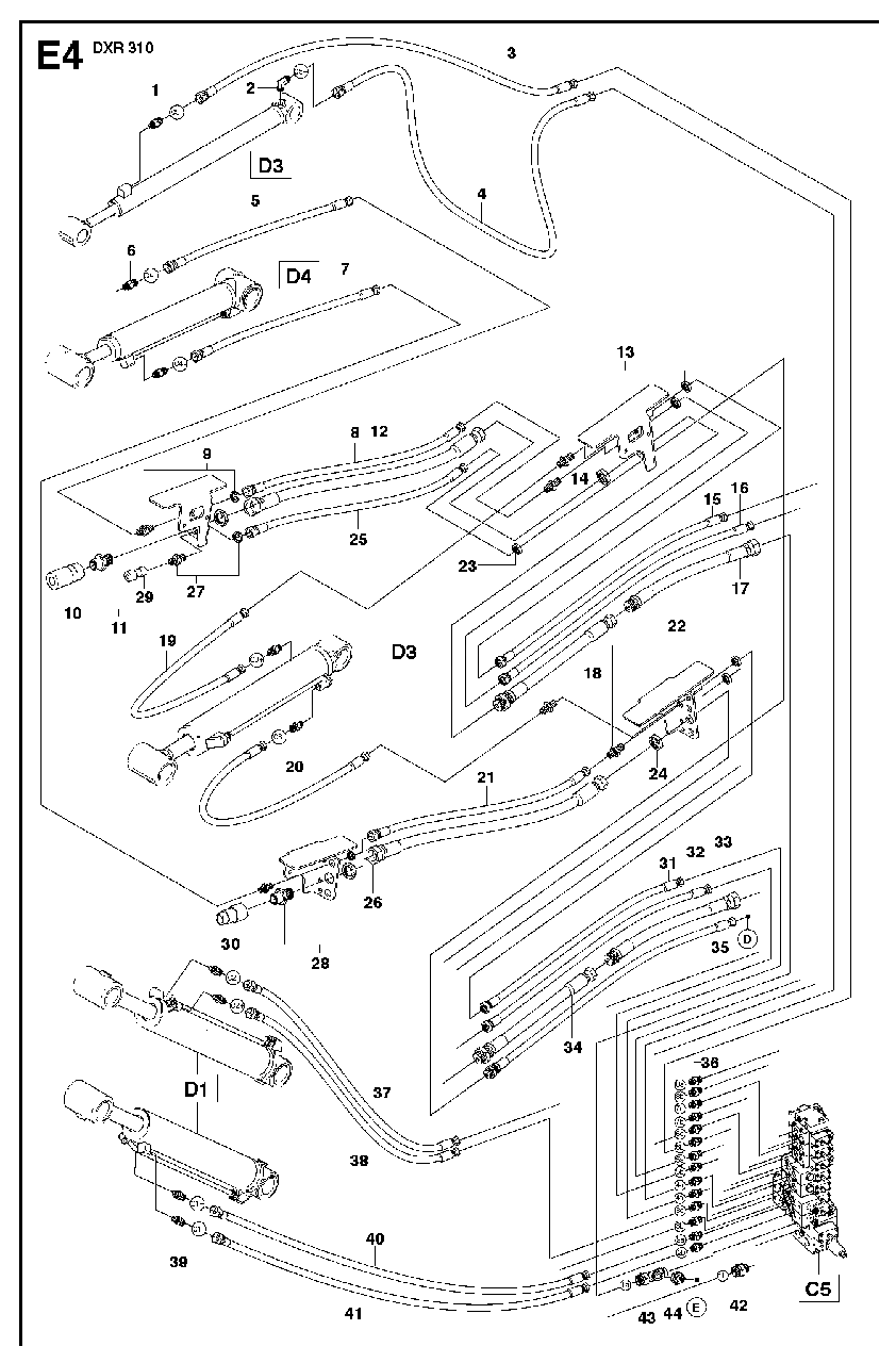 Hydraulic Hoses Arm Diagram and Parts List for DXR310 (1 - 42)(2009-07) Husqvarna Demolition Hammer