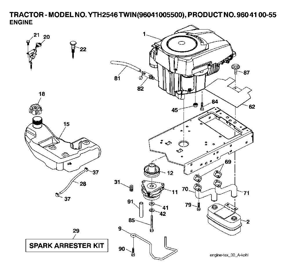 Engine Diagram and Parts List for YTH2546TWIN (96041005500, 960410055)(2007-04) Husqvarna Lawn Tractor