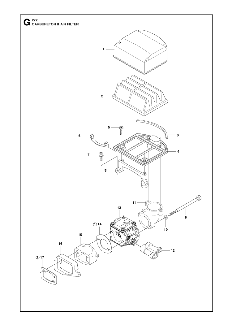 Carburetor And Air Filter Diagram and Parts List for 272XP 20163200001-20173200000 Husqvarna Chainsaw