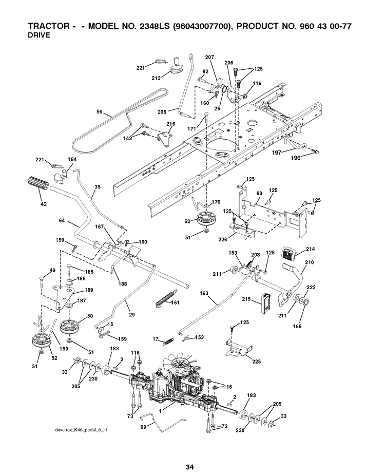 Drive Diagram and Parts List for 2348LS (96043007700)(2008-11) Husqvarna Lawn Tractor