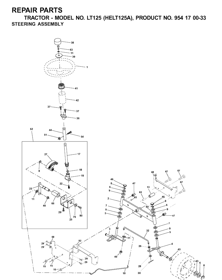 Steering Diagram and Parts List for LT125 (HELT125A)(2001-01) Husqvarna Lawn Tractor