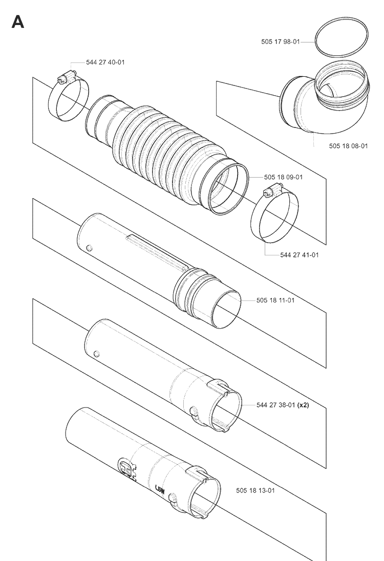 Tube Diagram and Parts List for 180BF 20080500001-20084000000 Husqvarna Leaf Blower / Vacuum