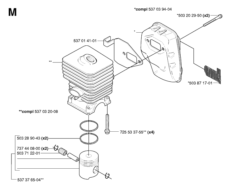 Cylinder, Piston And Muffler Diagram and Parts List for 325HA110 20054000001-20040100000 Husqvarna Hedge Trimmer