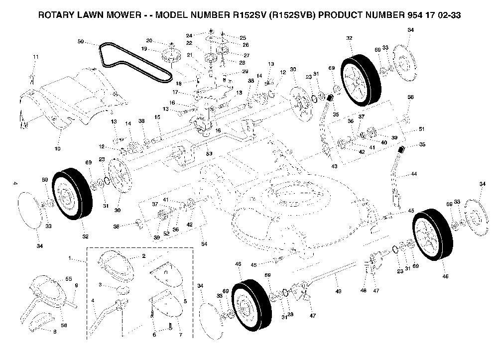 Wheels And Tires Diagram and Parts List for R152SV (R152SVB, 954170233)(2004-10) Husqvarna Lawn Mower