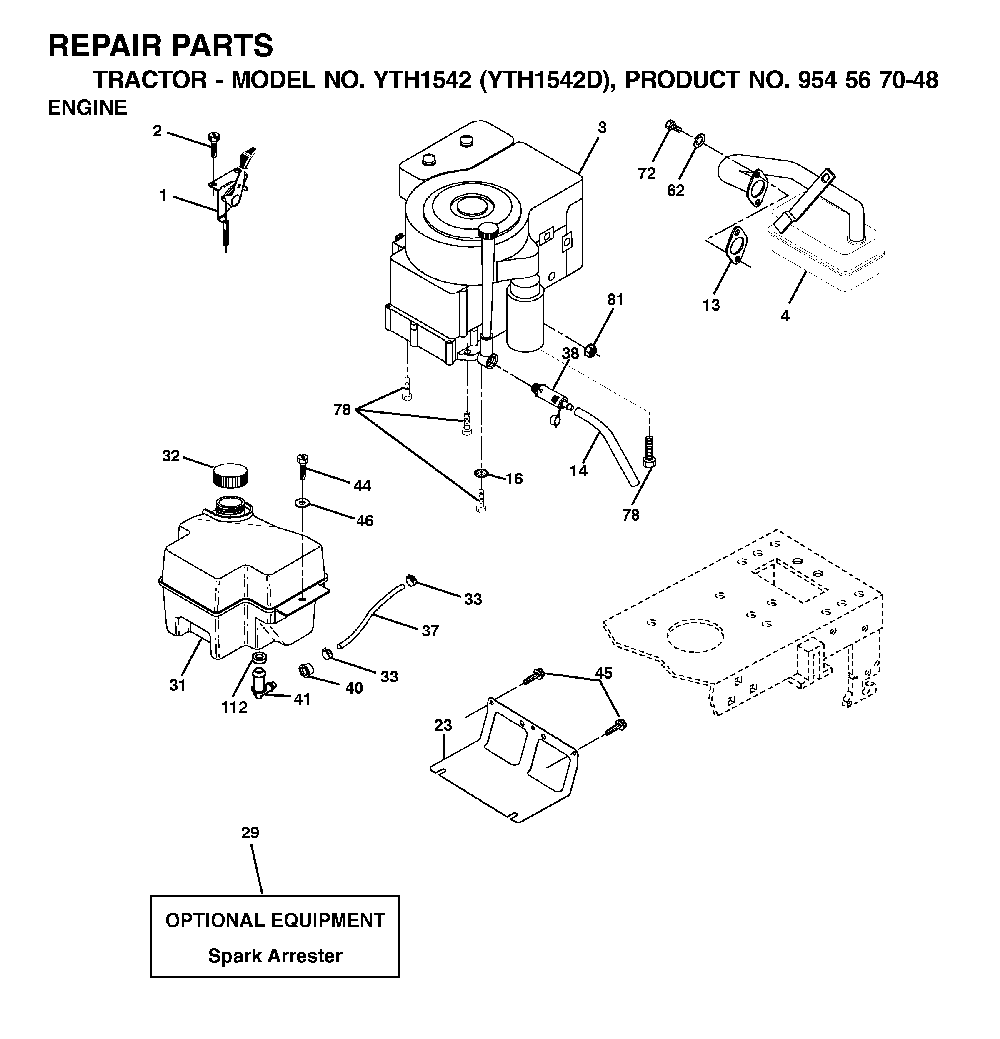 Engine Diagram and Parts List for YTH1542D (954567048)(2001-11) Husqvarna Lawn Tractor
