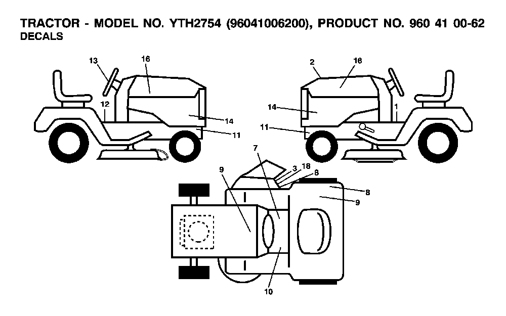 Decals Diagram and Parts List for YTH2754TWIN (96041006200, 960410062)(2007-04) Husqvarna Lawn Tractor