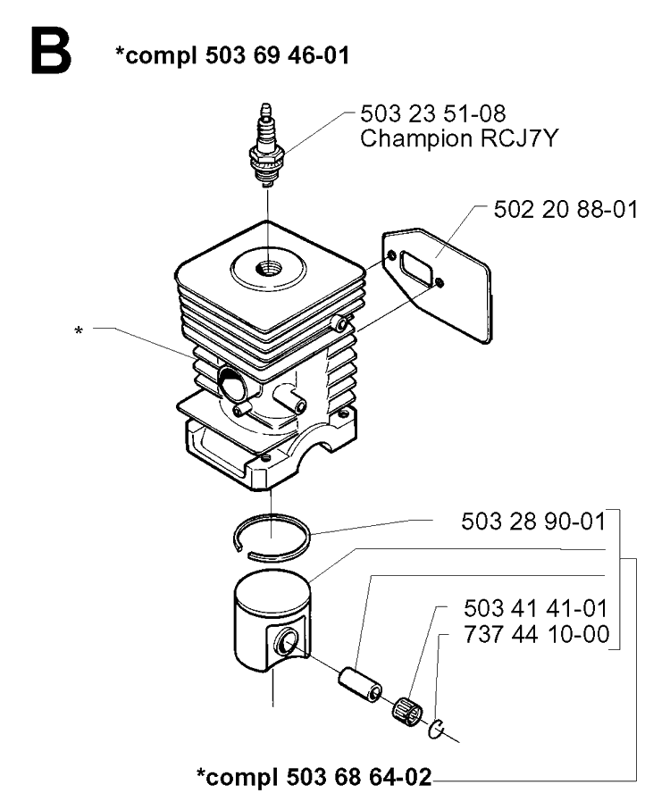 Cylinder Piston Diagram and Parts List for 240L 19984400001-20001400000 Husqvarna Edger