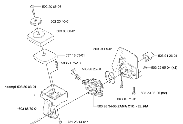 Air Filter/ Carburetor Diagram and Parts List for HA850 2007-01 Husqvarna Hedge Trimmer