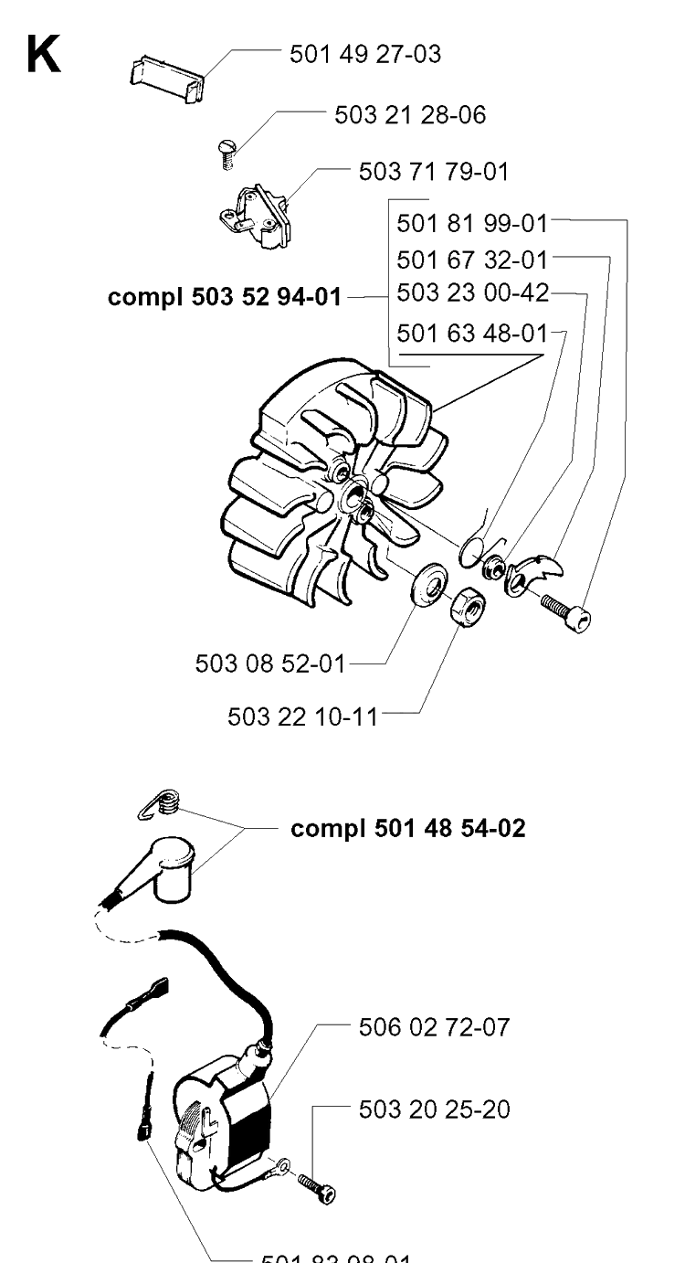 Ignition System Diagram and Parts List for 257 19980900001-19992300000 Husqvarna Chainsaw