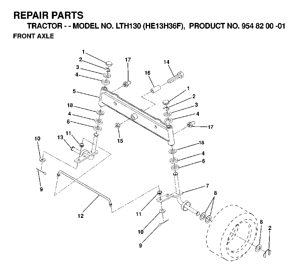 Front Axle Diagram and Parts List for LTH130 (HE13H36F, 954820001)(1998-12) Husqvarna Lawn Tractor
