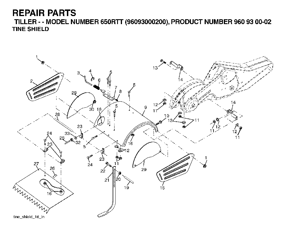 Tine Shield Diagram and Parts List for 650RTT (96093000200)(2005-08) Husqvarna Tiller