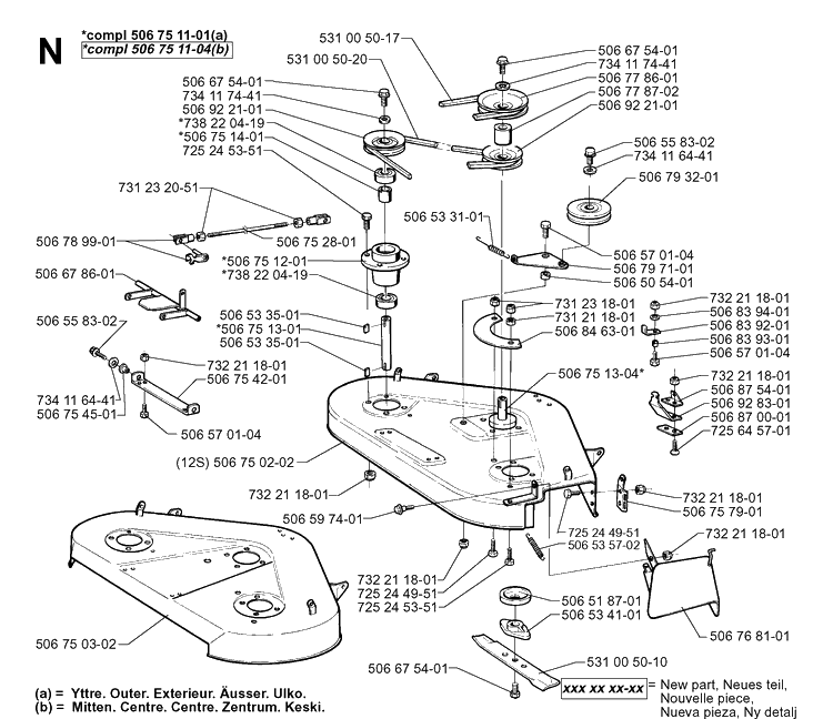 97cm Cutting Deck Diagram and Parts List for RIDER970 1998-03 Husqvarna Lawn Mower