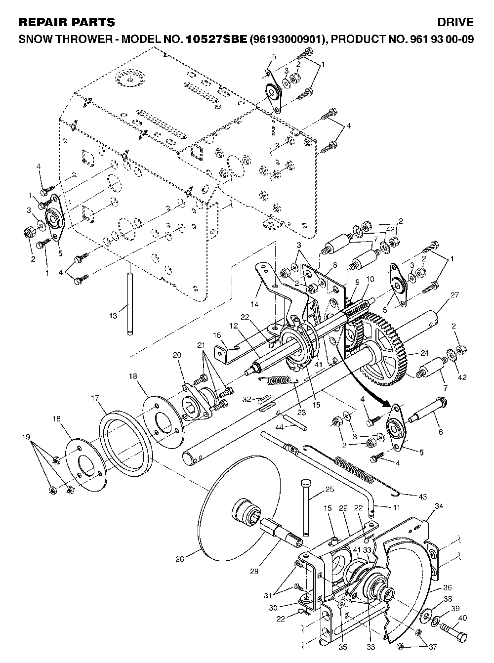 Drive Diagram and Parts List for 10527SBE (96193000901, 961930009)(2006-05) Husqvarna Snow Blower