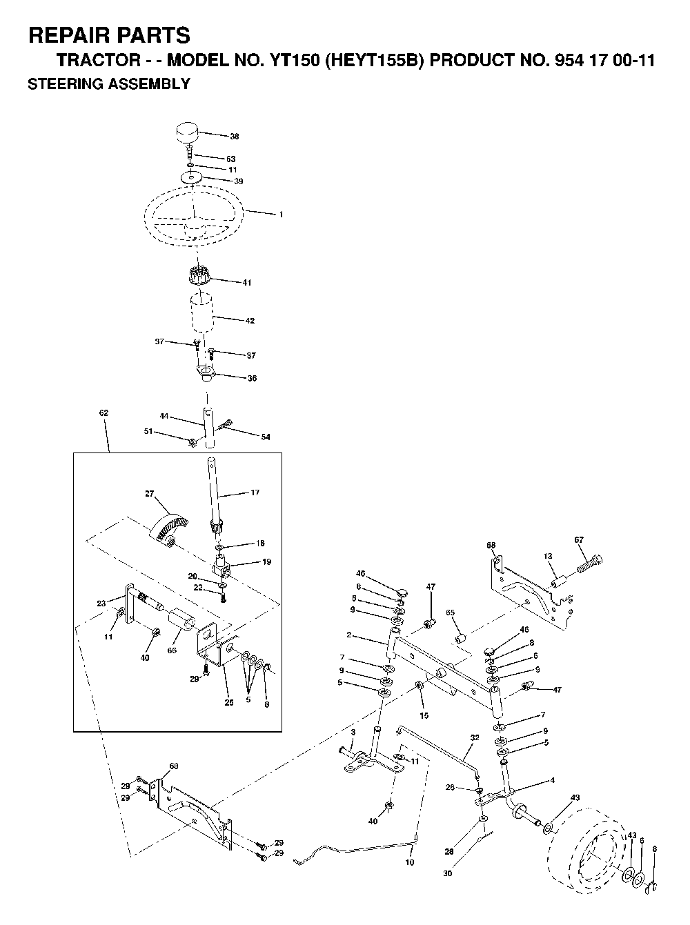 Steering Diagram and Parts List for YT150 (HEYT155B, 954170011)(1998-12) Husqvarna Lawn Tractor