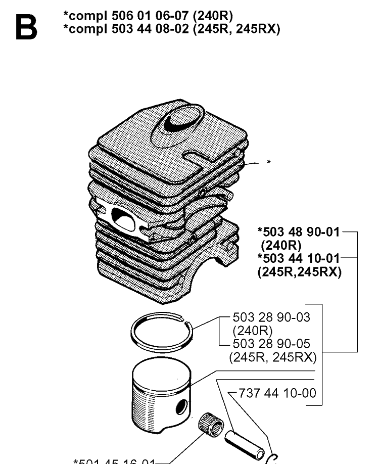 Cylinder Piston Diagram and Parts List for 245R 19984000001-20023100000 Husqvarna Brush Cutter