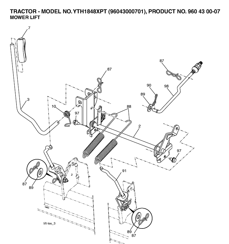 Mower Lift / Deck Lift Diagram and Parts List for YTH1848XP (96043000701)(2006-03) Husqvarna Lawn Tractor