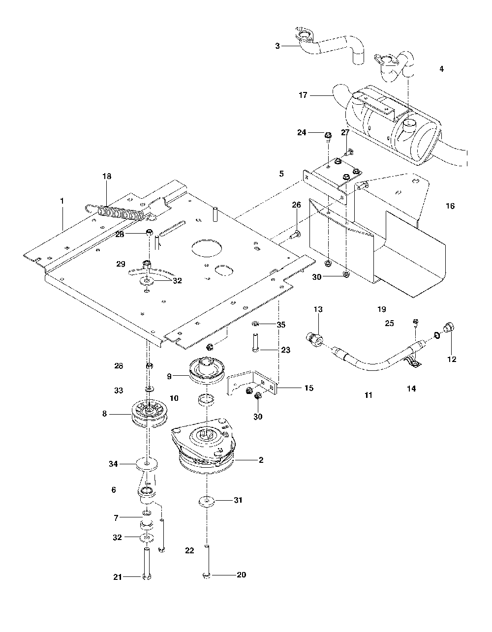 Engine Mounting, Guards And Muffler Diagram and Parts List for RZ46215 (967009805)(2013-11) Husqvarna Lawn Tractor
