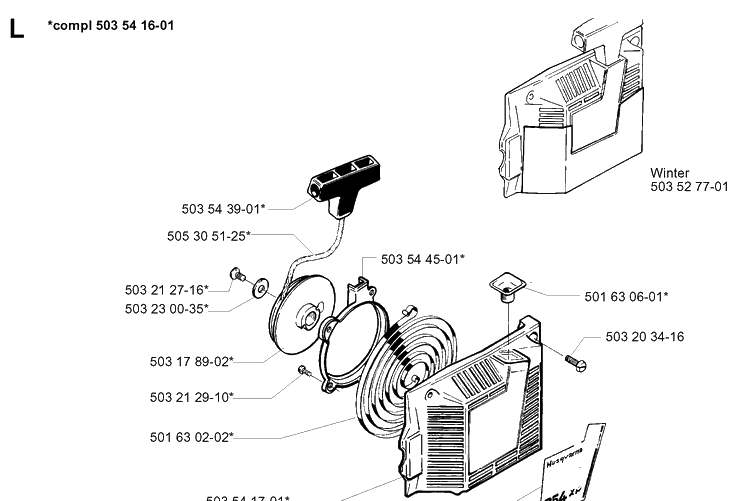 Starter Diagram and Parts List for 254 19980900001-19992300000 Husqvarna Chainsaw