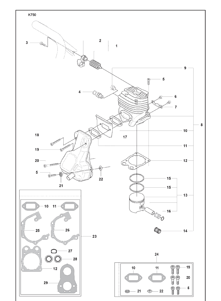 Cylinder Assy And Muffler And Muffler Mounting Kit And Gasket Kit Diagram and Parts List for K750 2008-10 Husqvarna Lawn Tractor Accessories