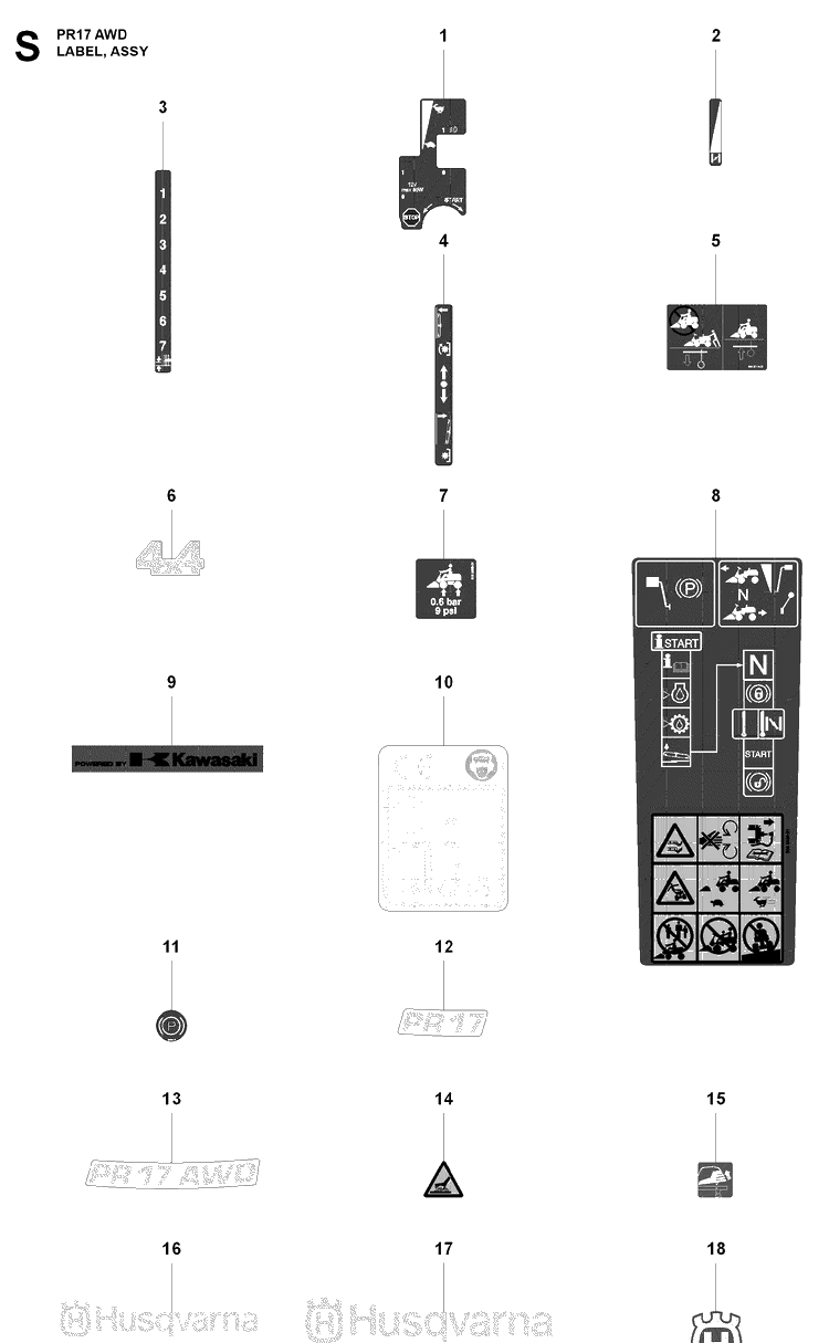 Label, Assy Diagram and Parts List for PR17 AWD Husqvarna Lawn Mower