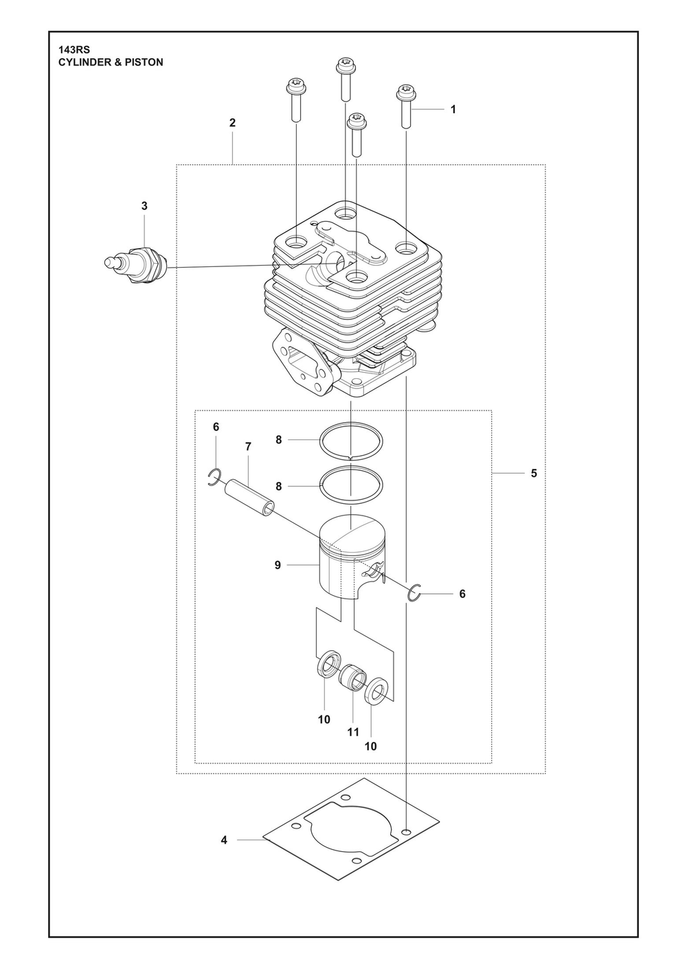 Cylinder Piston Diagram and Parts List for 143RS  Husqvarna Brush Cutter