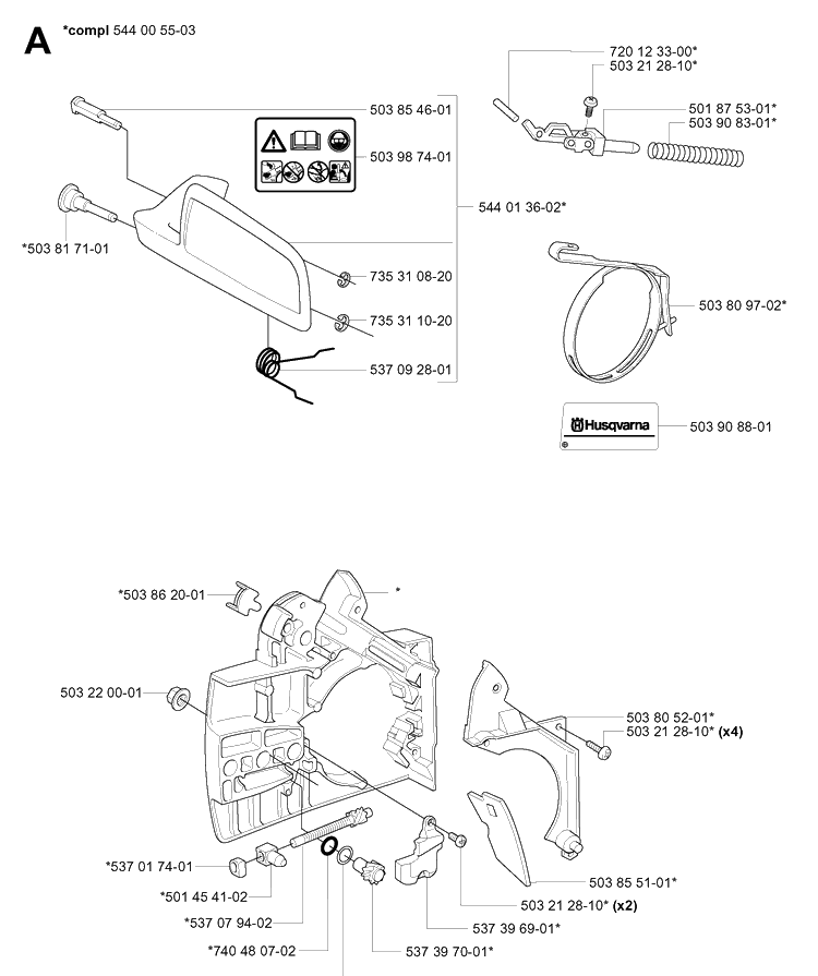 Chain Brake Diagram and Parts List for 338XPT 20060100001-20063600000 Husqvarna Chainsaw