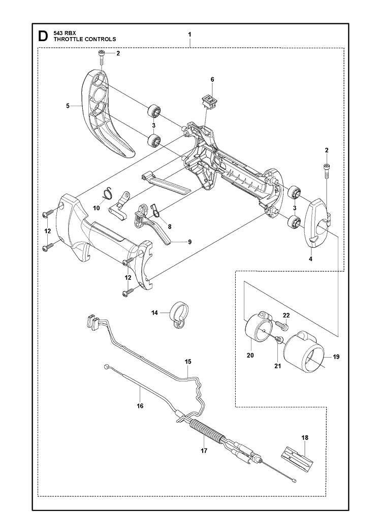 Throttle Controls Diagram and Parts List for 543RBX 20130500001-20182200000 Husqvarna Brush Cutter