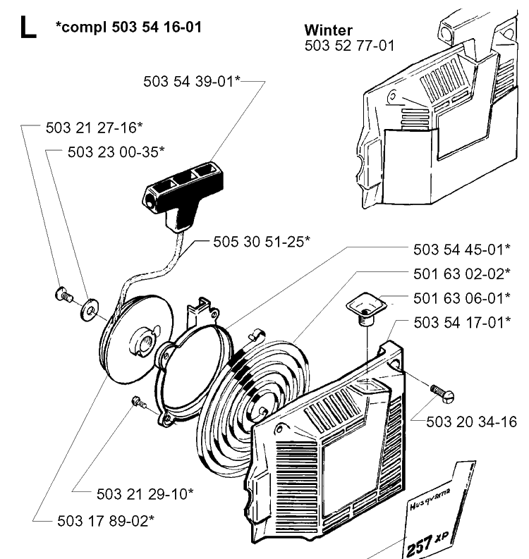 Starter Diagram and Parts List for 257 19960100001-19980900000 Husqvarna Chainsaw