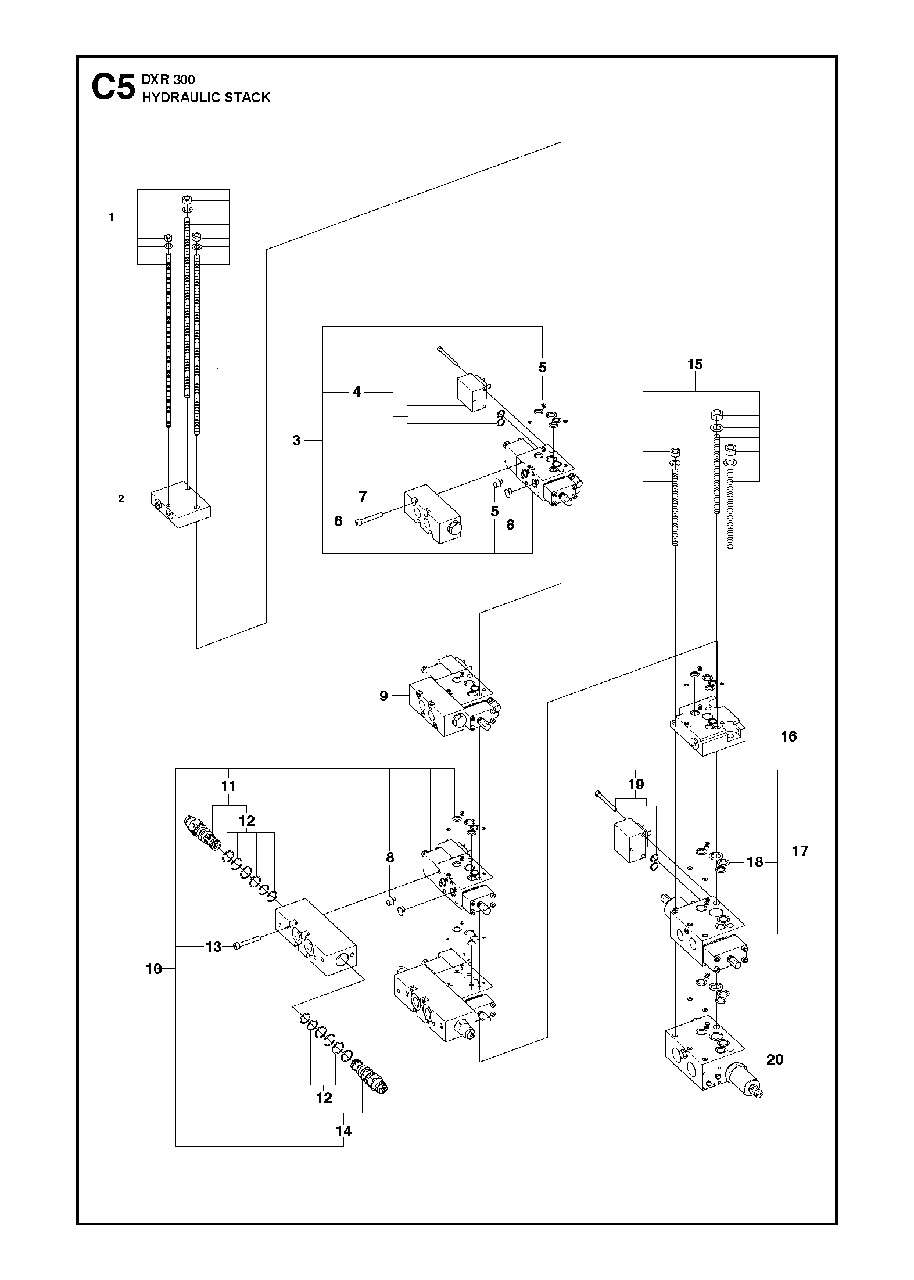 Hydraulic Stack Diagram and Parts List for DXR300 (1 & Above)(2013-08) Husqvarna Demolition Hammer
