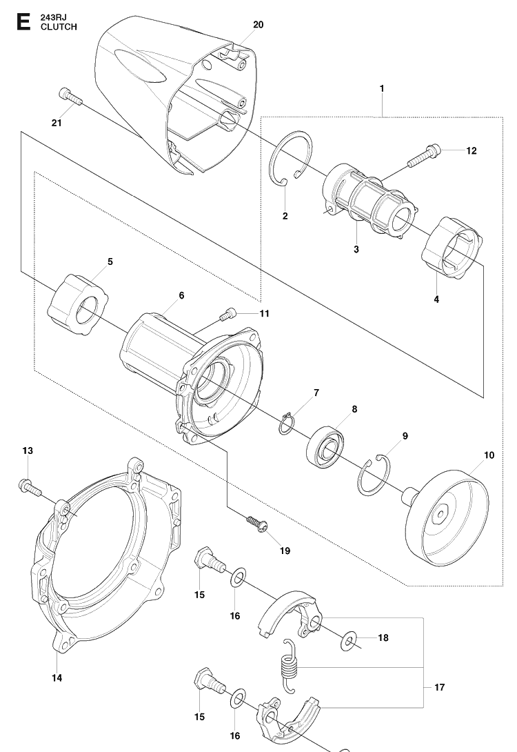 Clutch Diagram and Parts List for 243RJ 20090900001-20113200000 Husqvarna Brush Cutter