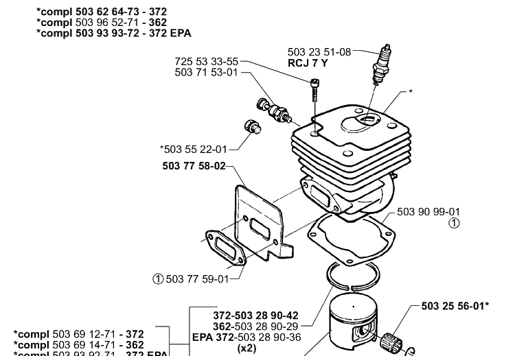 Piston / Cylinder Diagram and Parts List for 362EPA 1999-11 Husqvarna Chainsaw