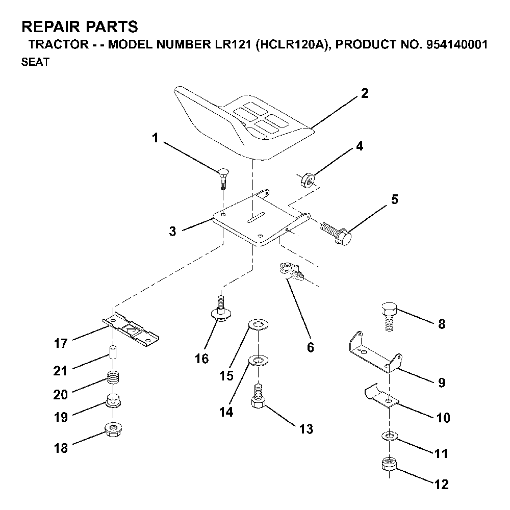 Seat Diagram and Parts List for LR121 (HCLR120A, 954140001)(1996-08) Husqvarna Lawn Tractor