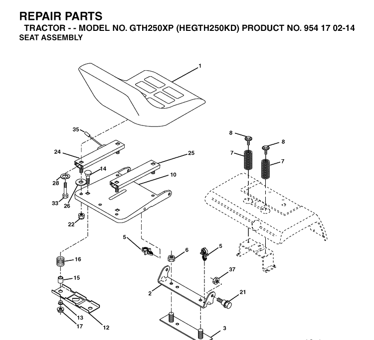 Seat Diagram and Parts List for GTH250XP (HEGTH250KD)(2004-09) Husqvarna Lawn Tractor
