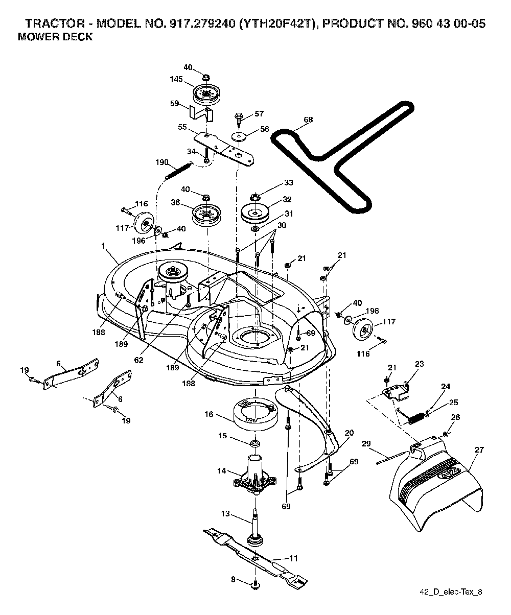 Mower Deck / Cutting Deck Diagram and Parts List for YTH20F42T (917279240, 960430005)(2006-02) Husqvarna Lawn Tractor