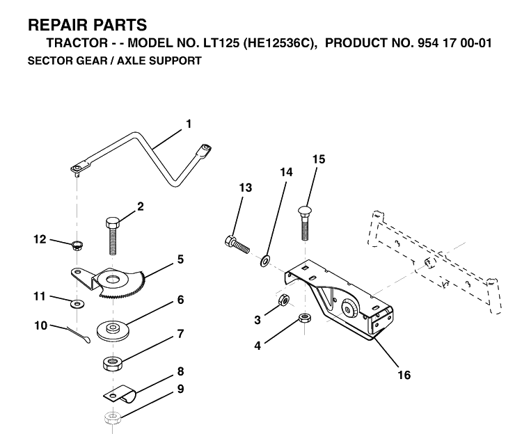 Sector Gear / Axle Support Diagram and Parts List for LT125 (HE12536C)(1998-03) Husqvarna Lawn Tractor