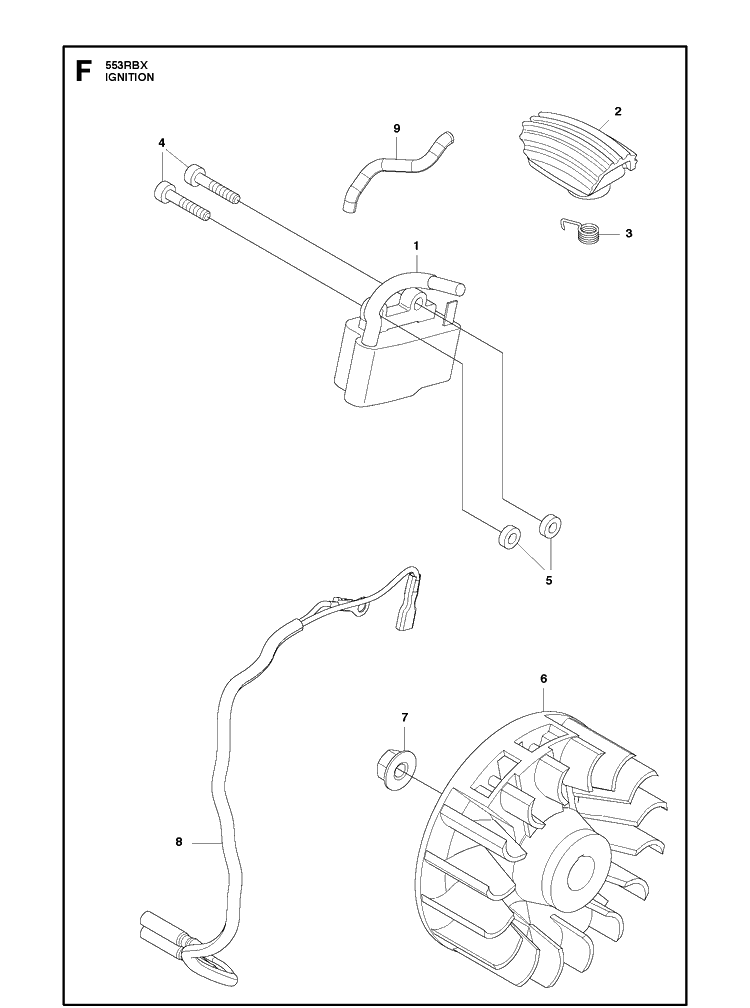 Ignition System Diagram and Parts List for 553RBX 20180500001-20182200000 Husqvarna Brush Cutter