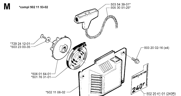 Starter Diagram and Parts List for 245R 19984000001-20023100000 Husqvarna Brush Cutter