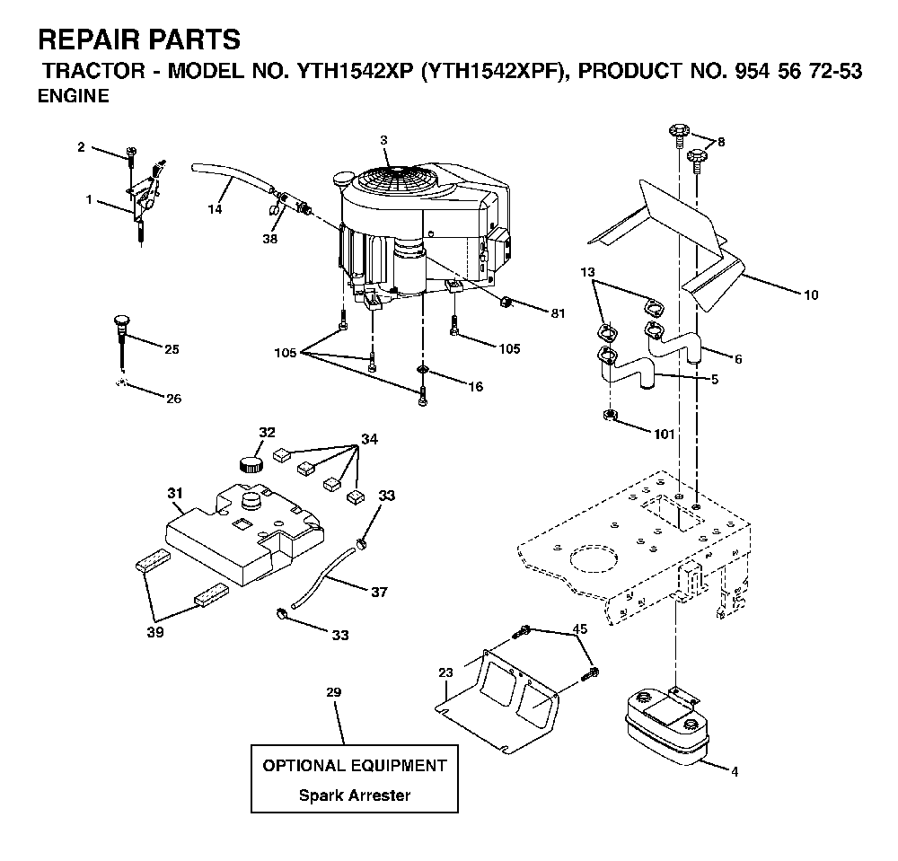 Engine Diagram and Parts List for YTH1542XPF (954567253)(2002-03) Husqvarna Lawn Tractor