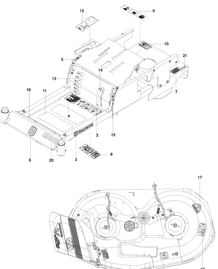 Decals Diagram and Parts List for RZ4219BF (966582201)(2010-03) Husqvarna Lawn Mower