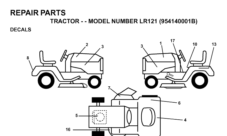 Decals Diagram and Parts List for LR121 (954140001B)(1997-01) Husqvarna Lawn Tractor