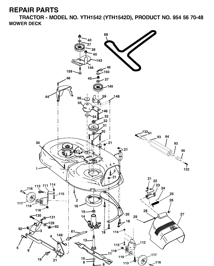 Mower Deck / Cutting Deck Diagram and Parts List for YTH1542 (954567048)(2001-11) Husqvarna Lawn Tractor