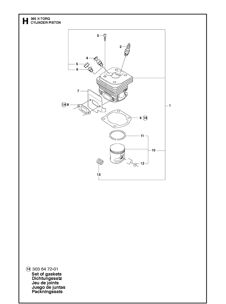 Cylinder Piston Diagram and Parts List for 365 X-TORQ Husqvarna Chainsaw
