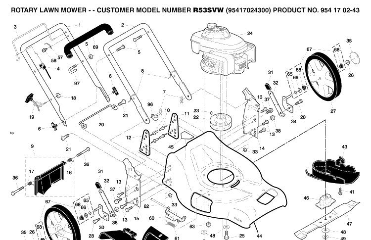 Frame And Engine Diagram and Parts List for R53SVW (95417024300)(2005-02) Husqvarna Lawn Mower