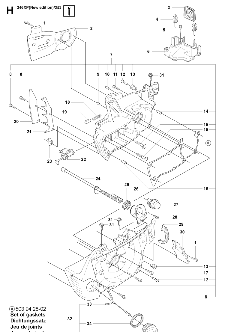 Crankcase Diagram and Parts List for 353 20071300001-20090400000 Husqvarna Chainsaw