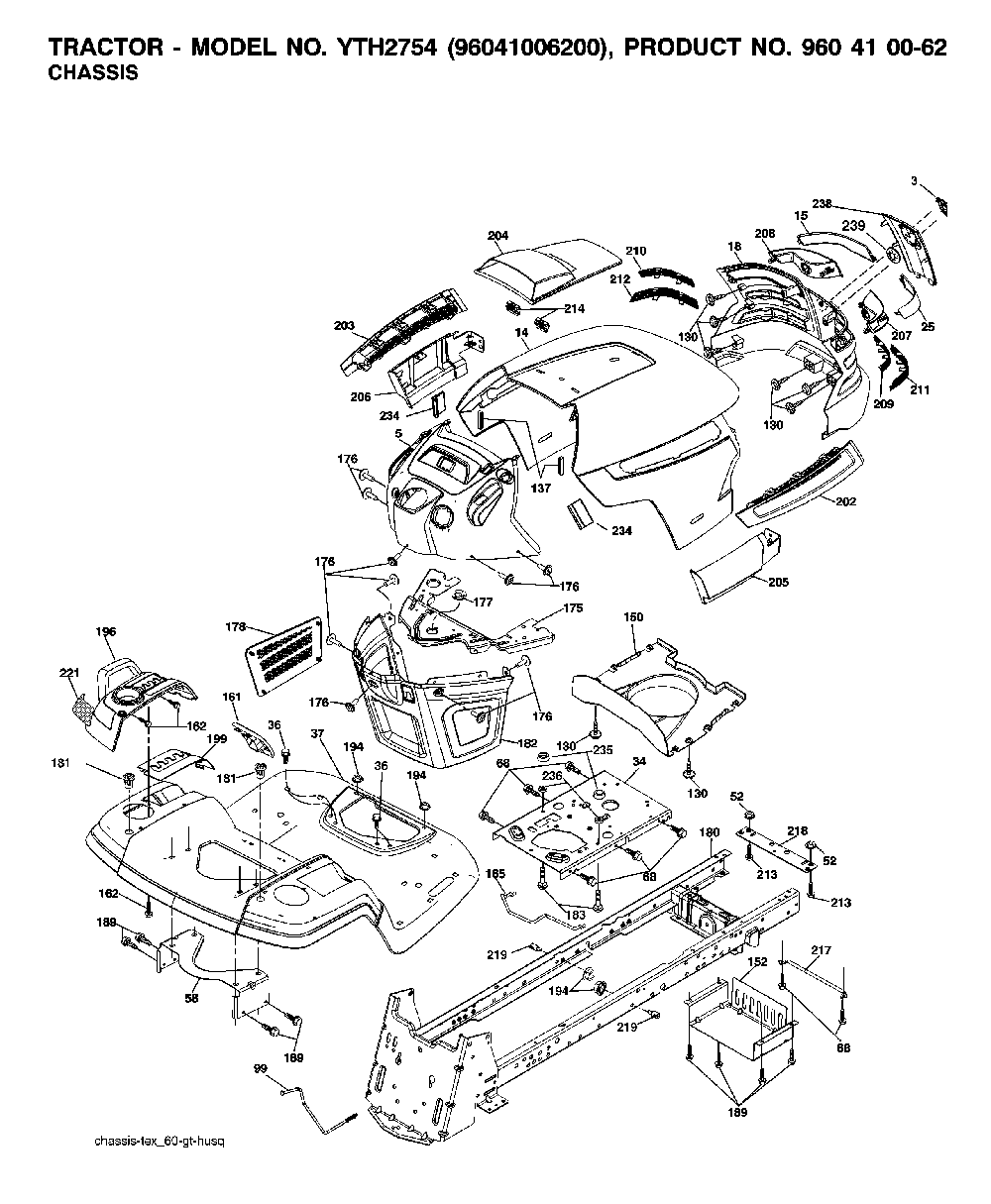 Chassis And Enclosures Diagram and Parts List for YTH2754TWIN (96041006200, 960410062)(2007-04) Husqvarna Lawn Tractor
