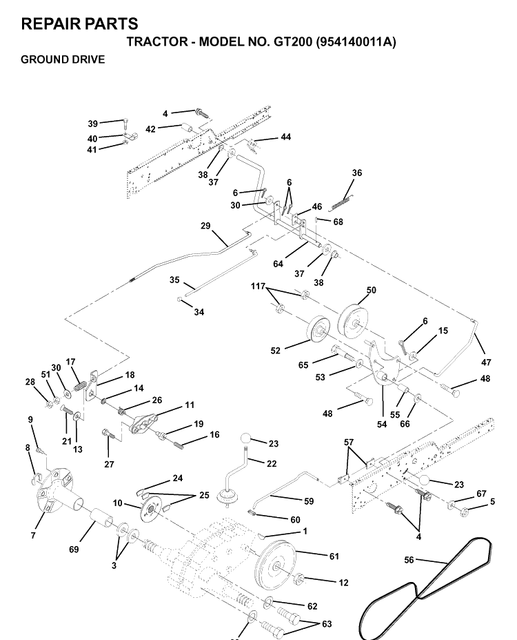 Drive Diagram and Parts List for GT200 (954140011A)(1997-01) Husqvarna Lawn Tractor
