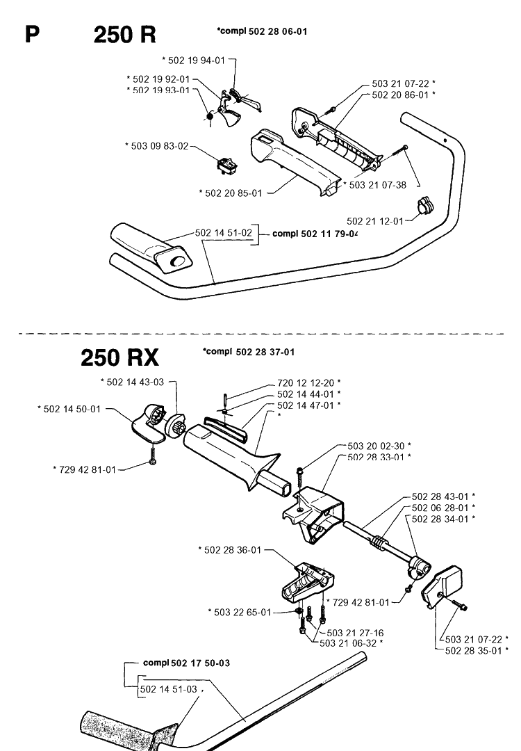 Handle And Controls Diagram and Parts List for 250RX 19954000001-19973100000 Husqvarna Brush Cutter